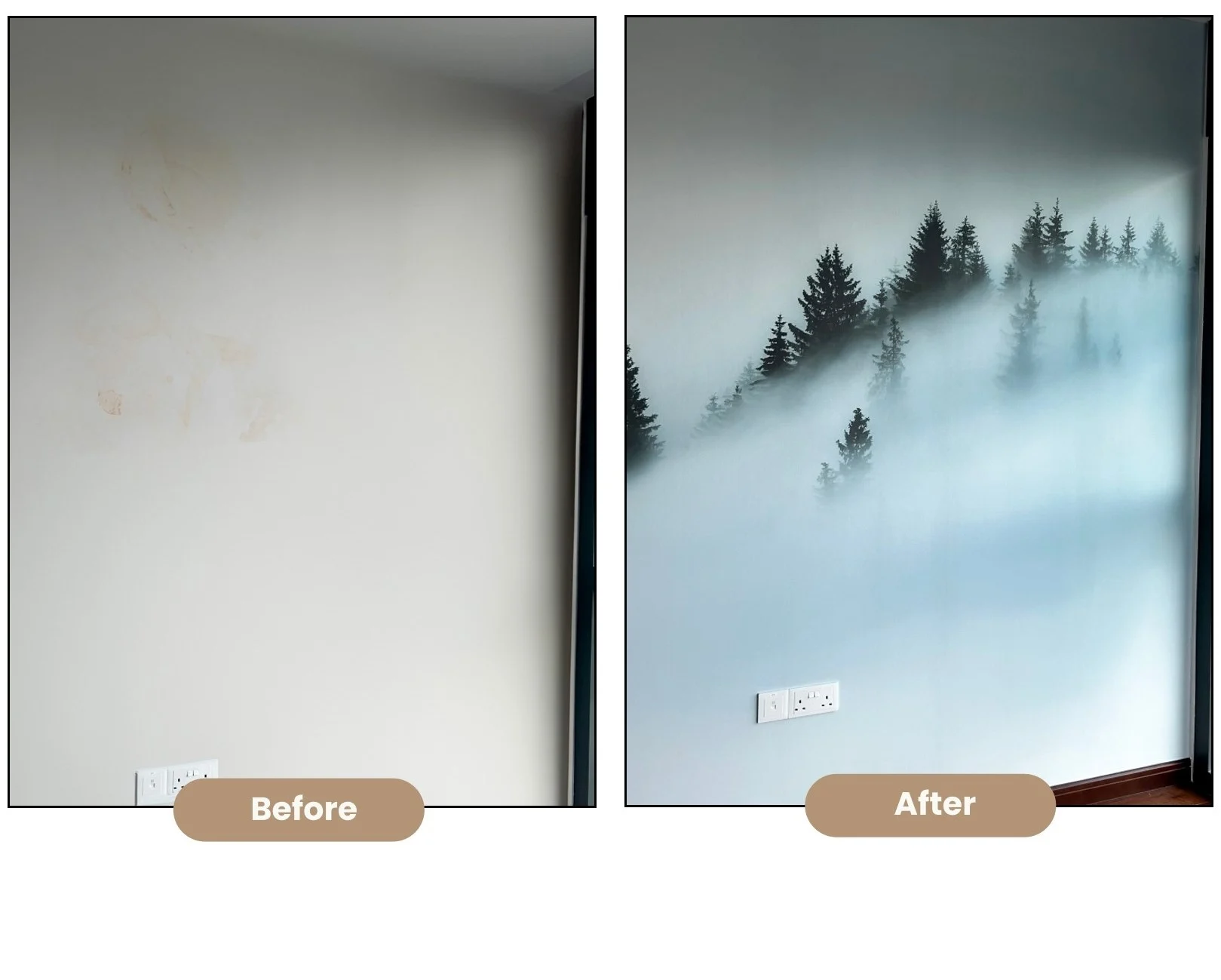 Stained wall transformed with misty forest wallpaper